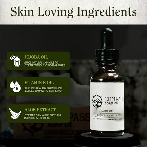 Compass Soap's Black Sand Beach - Natural Beard Oil for Men | Beard Oil for Nourishment and Hydration | Infused with Spicy Berry, Sea Salt & Ocean Moss | Best Beard Growth Oil for Men | 1 fl. oz.