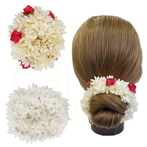 2 Pcs Hair Rose Mogra Scented Rubber Band Gajra Hair Accessories for Women Girls (White) (Free Size) (30 GM)