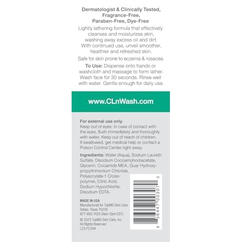 CLn¢ç Facial Cleanser - Hydrating Facial Cleanser with Glycerin, For Skin Prone to Dryness, Eczema, Redness, Irritation & Acne Sensitivity, Fragrance-Free & Paraben-Free, 3.4 fl. oz.