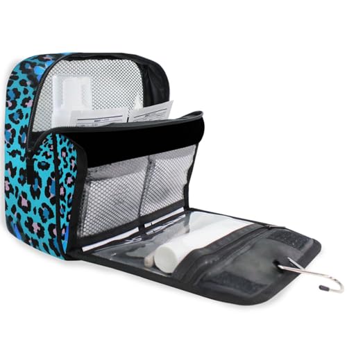 Hanging Toiletry Bag for Women Blue Leopard Butterfly Print Makeup Bag Travel Essentials Toiletries Organizer Bag Cheetah Print Cosmetic Bag Foldable