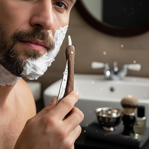 Professional Straight Razor with Wooden Handle Stainless Steel Blade Holder Barber Shaving Razor for Men Folding Shavette with Star Design Salon & Home Use