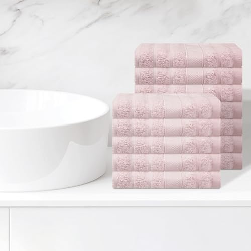 Striped 12 Pack Washcloths, Pure Cotton Face Towels, Comfort Towels for Bathroom, Hotel, Spa 14"x14" Pink