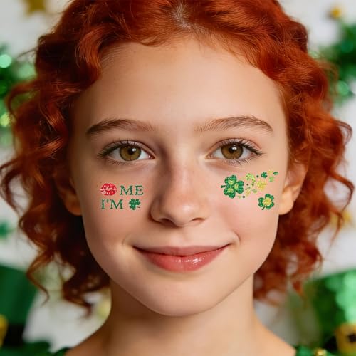 160pcs St Patricks Day Temporary Tattoos Glitter Shamrock Face Tattoos Clover Body Stickers for Irish Party Favors Parades Accessories Saint Patricks Day Decorations(st160)