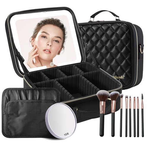 Mocado Travel Makeup Bag with LED Lighted Mirror,Travel Makeup Organizer, Makeup Case with 8 Makeup Brushes and 10x Magnifying Mirror, 3 Color Lighting, Adjustable Divider Makeup Box(Black Lozenge)
