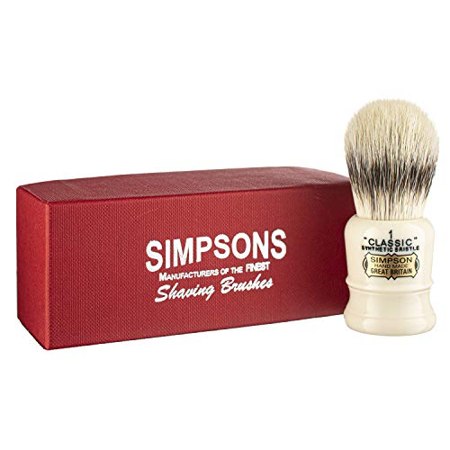 Simpsons Classic 1 - CL1 Synthetic Platinum High density Fibre Faux Handle Ivory Shaving Brush - Simpson Shaving Brushes - Wet Shave Deluxe Thick & Luxurious Lather Handle Dense & Extra Soft Bristles