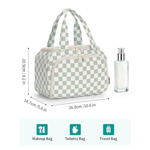 Narwey Checkered Travel Toiletry Bag for Women Large Makeup Bag, Wide-open Cosmetic Make Up Organizer with Handle, Travel Bag for Toiletries, Essentials, Accessories (Mint Green Checkerboard)