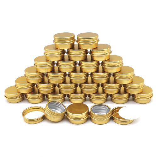 30 pack 5ml Lip Balm Tin Cans, 5g Mini Aluminum Makeup Sample Containers with Screw Lid, Empty Metal Tins Pot Storage Travel Jars for Cosmetic Cream Candle Tea, 5 Gram Small Tins, Gold Color