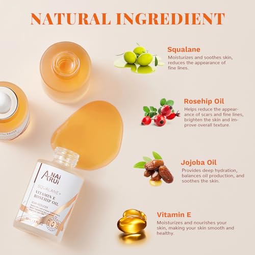 ANAI RUI Squalane + Vitamin E Rosehip Oil Moisturizer for Face,Hair,Skin& Nail Hydrate, Reduce Scars and Stretch Marks, Wrinkles for Smoother, Softer Skin 1 fl. Oz