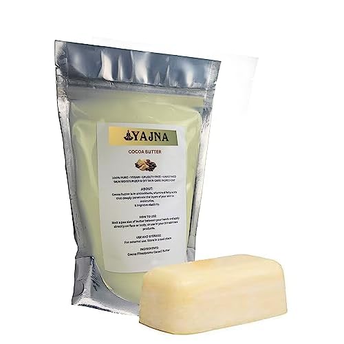 Yajna Organic Raw Cocoa Butter 100% Pure,Natural & Unrefined| Skin Moisturizer For Face, Body & Hair| 1 LBS/450 GM Ivory/White Grade A | DIY Creams, Balms, Lotions, Soaps| Softens Dry & Tough Skin