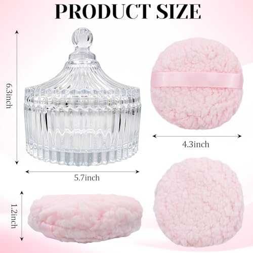 6'' Extra Large Dusting Powder Puff & Glass Container Set, Soft Reusable Velour Body & Face Puff, Luxury Smooth Finish, Easy Refill Powder Jar for Women