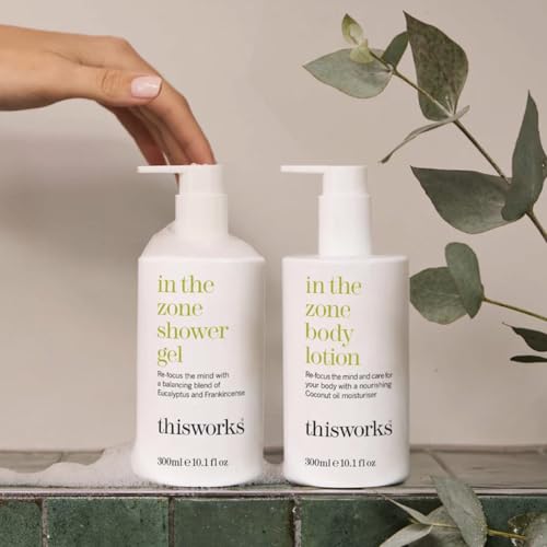 This Works In The Zone Body Lotion & Shower Gel Set: Hydrating Moisturizer & Refreshing Body Wash with Essential Oils, Eucalyptus & Frankincense, Vegan, 10.1 oz Each