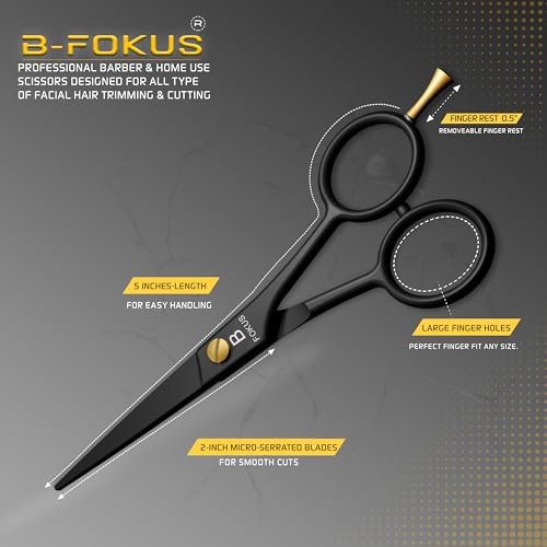 5" Premium Beard Mustache Scissors, Black High Carbon Stainless Steel Beard Scissors with 1 Beard Comb, 1 Mustache Comb, 2 Stickers and Tarvel Pouch. Beard Trimming Scissors for All Facial Hair