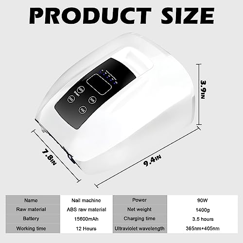 90W Professional Wireless Cordless Rechargeable UV LED Nail Lamp,Nail Lamp Gel Nail Curing Dryer Light for Nails with 45 Beads,4 Timer Setting LCD Display Nail Polish Machine (White)