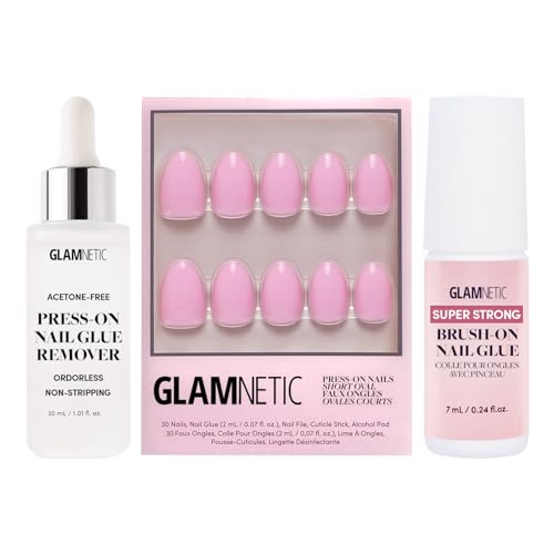 Glamnetic Press-On Nails - Think Pink | Super Strong Brush On Glue & Press-On Nail Remover | Solid Opaque Light Pastel Pink Short Oval Nails, Reusable | 15 Sizes - 30 Nail Kit