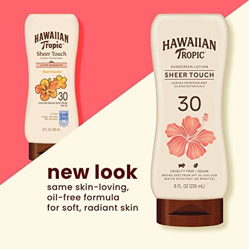 Hawaiian Tropic SPF 15 Coconut Oil Tanning Spray & SPF 30 Sheer Touch Ultra Radiance Sunscreen Lotion Bundle, 8oz Each