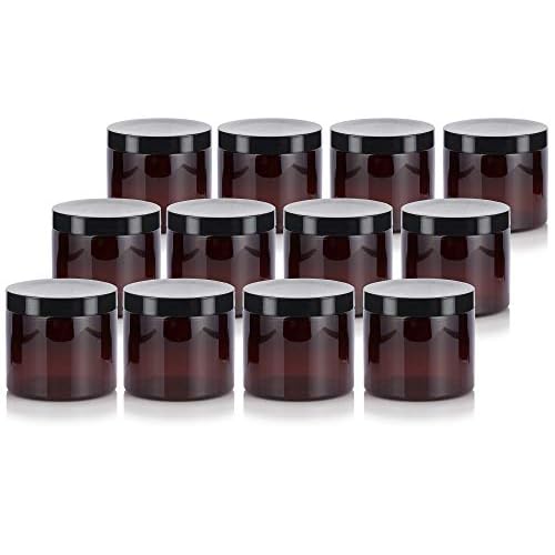 JUVITUS 16 oz Amber PET Plastic Refillable Jar With Black Smooth Lid (12 pack)