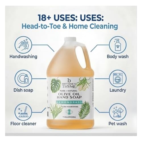 Brittanie¡¯s Pure Castile Soap ? Lemongrass, 1 Gallon (128 oz) | Natural Multi-Purpose Cleaner & Body Wash | Concentrated, Biodegradable, Eco-Friendly Soap for Hands, Face, Laundry & Household Cleaning