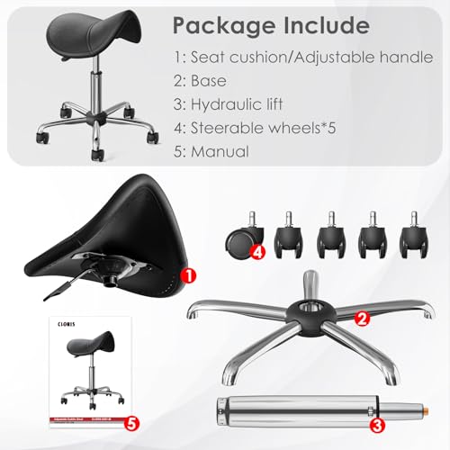 CLORIS Saddle Rolling Stool Hold up to 400 LBS Height Adjustable Swivel Chair Metal Feet with Wheels for Spa, Massage, Salon, Home, Office, Medical, Tatoo, Bar Black