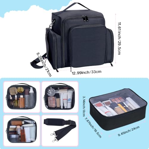 Train Case Makeup Bag Large Cosmetic Organizer with 3 Inner Removable Pouches Multifunctional Travel Makeup Artist Storage,Black