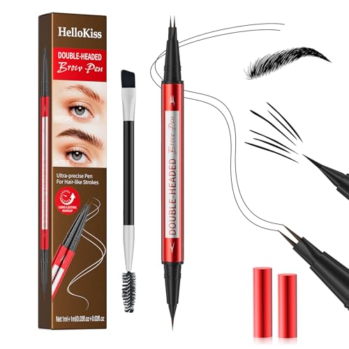 DUDUDU Eyebrow Pencil for Women - Microblading Eyebrow Pen with Dual-Ended Design featuring 2-Fork Tip & Fine Single Brush-Tip, Waterproof, Creates Natural Hair-Like Strokes, Long-Lasting Black