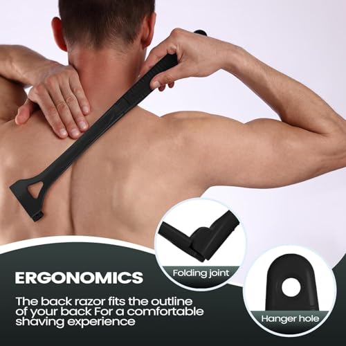 Back Shavers for Men with Foldable Long Ergonomic Handle: DIY Hair Shaver, Replaceable Safety Blade & Portable Razor Groomer for Men, Wet & Dry Shaving - Black (8PCS Blades Included)