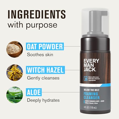 Every Man Jack Mens Foaming Groin Wash - Gentle Cleanser for Below The Belt - Made w/ Naturally Derived Ingredients like Witch Hazel & Aloe Vera - 4 Fl Oz (1 Pack)