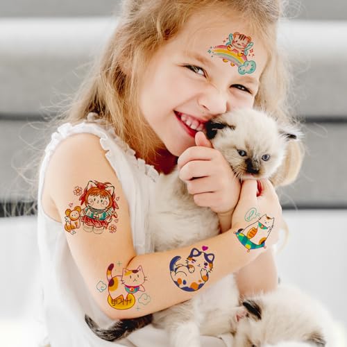 Konsait 50 Sheets Anime Tattoos, Cartoon Mixed Style Cat Tattoos, Individually Wrapped, Watercolor Cat Temporary Tattoos Cat Party Favors Cat Birthday Party Supplies