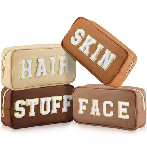 Cunno 4 Pcs Preppy Makeup Bags Chenille Letter Stuff Bag Nylon Cosmetic Pouch Cases with Zipper for Women Travel Toiletry