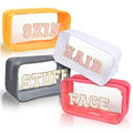Antimbee Clear Makeup Bags with Chenille Letters, 4 Pack Preppy Cosmetic Pouch Zipper, Personalized Initial beauty case, Travel Toiletry vanity organizer for Women Girl (Hair, Face, Skin, Stuff)