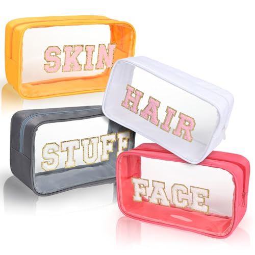 Antimbee Clear Makeup Bags with Chenille Letters, 4 Pack Preppy Cosmetic Pouch Zipper, Personalized Initial beauty case, Travel Toiletry vanity organizer for Women Girl (Hair, Face, Skin, Stuff)