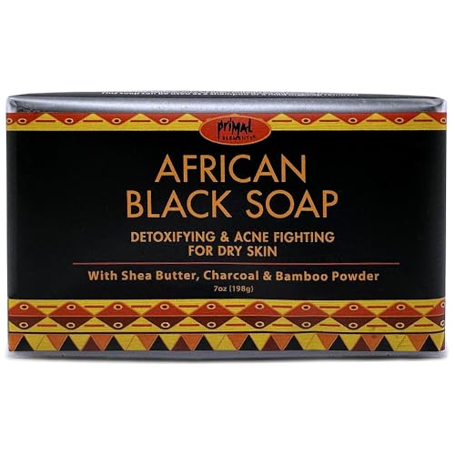 Primal Elements African Black Soap with Shea Butter and Charcoal for Dry Skin, Detoxifying and Acne Fighting, 6 Pack