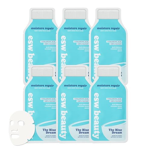 ESW Beauty The Blue Dream - Moisture Repair Raw Juice Face Mask (6-Pack) - Hydrating with Blue Spirulina, Coconut Water & Agave for Dry, Sensitive Skin - Replenishes & Fights Aging