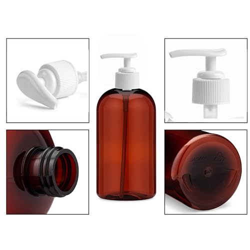 16 oz Empty Refillable Plastic Pump Bottles Dispenser 6 Pk PET, BPA Free Refillable Containers Shampoo Lotion Oil Liquid Soap Labels USA (Amber/Brown, White Pumps, Damask Labels)