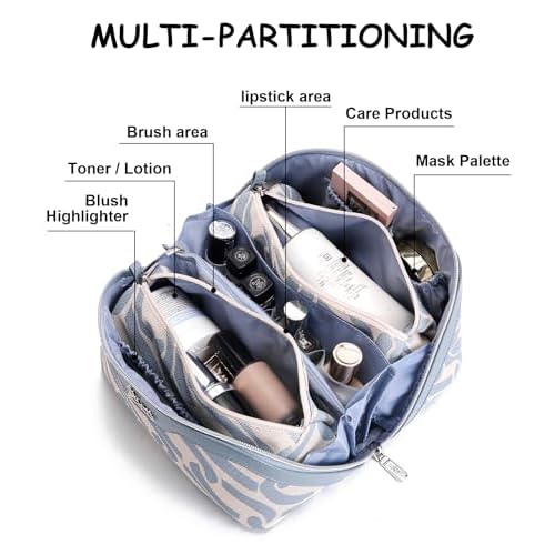 BOYATU Travel Makeup Bag for Women: Large Capacity 3-Piece Cosmetic & Toiletry Organizer - Expands Storage by 50% with 2 Detachable Pouches,Opens Flat for Easy Packing,Waterproof PU Leather(Blue)