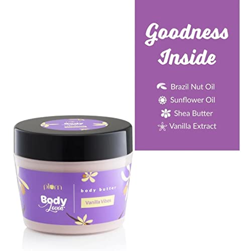 Plum Vanilla Body Butter for Dry Skin, With Shea Butter & Sunflower Oil, Deep Moisturizing Body Cream Lotion with Brazilian Seed Oil & Vitamin E, Non Sticky & Mineral Oil Free, 7.05 Oz