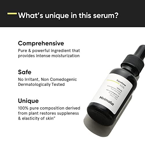 Minimalist Squalane 100% (Plant Derived) Face Oil for Moisturization | Improves Skin Hydration & Reduces Fine Lines | Restores Suppleness, Firmness & Elasticity of Skin | 1 Fl Oz / 30 ml