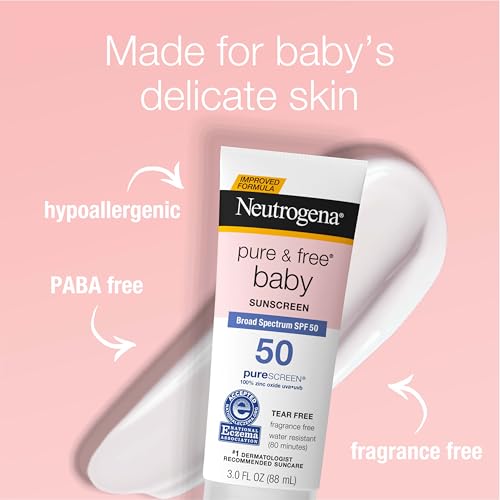 Neutrogena Pure & Free Baby Mineral Sunscreen Lotion with Broad Spectrum SPF 50 & Zinc Oxide, Water-Resistant, Hypoallergenic & Tear-Free Baby Sunscreen, 3 fl. oz, 3 pk