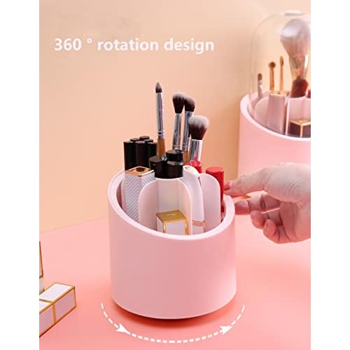 Makeup Brushes Holder Organizer with Clear Lid,360 Degree Rotating Makeup Brush Storage Container Dustfree Cosmetic Display Case Holder for Bathroom Countertop Vanity Desktop (Pink)
