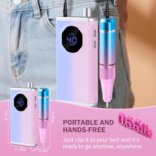 Professional Nail Drill, 40000RPM Electric Nail File for Acrylic Gel Nails Polishing Removing, Rechargeable Portable Cordless Nail Drill Kit with Full Set of Accessories at Salon Home