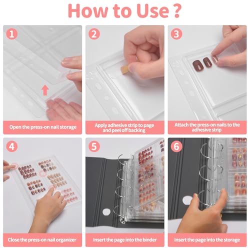 CGBE Press On Nail Organizer: Upgraded Dust & Crush-Resistant Protection - Removable D-Ring Binder Pages - Press On Nail Storage with Nail Tape
