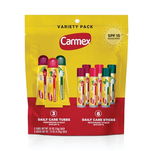 Carmex Daily Care Moisturizing Lip Balm Pack, SPF 15, Multi-Flavor Lip Care Variety Pack Bag, 9 Count (3 Tubes, 6 Sticks)