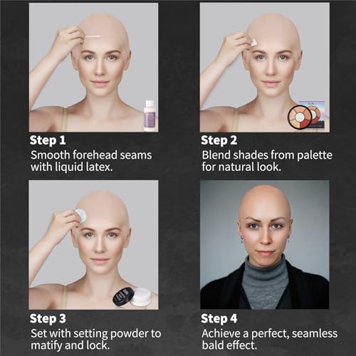 Go Ho Halloween Professional Bald Cap SFX Kit - Complete 8-Piece Makeup Set with Latex (30ml),Water Based Acrylic Adhesive(10ml),6 Colors Flesh Palette,Loose Setting Powder,Bald Cap&Applicators