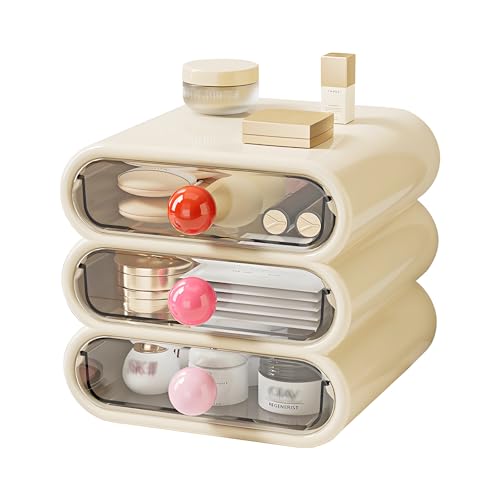 3-Tier Drawer Makeup Organizer for Vanity Small Desk - Non-Stackable Clear Front Cosmetic Storage Holder for Bathroom Counter & Office Desktop -7.9x7.5x7.3in (Cream White)