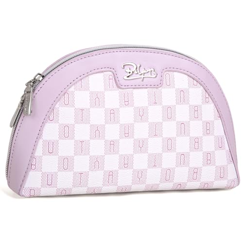 BOYATU Vegan Leather Cosmetic Bag: Refined Pattern Pouch with Built-In Tethered Pull-Out Mirror - Quick Touch-Ups Anywhere - Compact&Lightweight Easy to Carry(021-Purple)