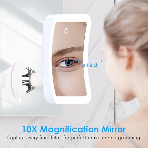 10X Magnifying Lighted Makeup Mirror with Lights,Daylight LED Vanity Mirror, Rechargeable,Compact, Cordless, Locking Suction Mirror, 360 Rotation, 7" Portable Illuminated Bathroom Mirror