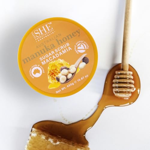 Om SHE Aromatherapy Manuka Honey Sugar Scrub with Macadamia 15.87oz - Exfoliating Body Scrub, Natural Sugar, Micro Bead Free, Rosehip Oil. Australian made.