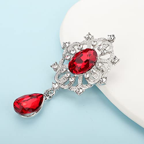 Red Crystal Dangle Drop Small Black Brooch Pin for Unisex Women Men Dress Suit Jewelry
