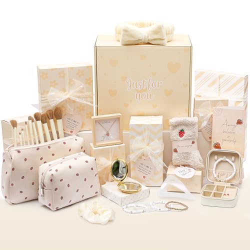 Easter Gifts for Tween & Teen Girls, 11PCS Birthday Gifts Basket Teen Girls Gifts Trendy Stuff with Empowering Challenges & Makeup Brushes & Bag, Positive Wrapped Gift Box for Daughter Niece