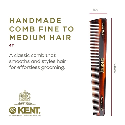 Kent 4T 6 Inch Double Tooth Comb - Fine and Wide Tooth Dressing, Grooming Comb for Hair, Beard, Mustache. Coarse and Fine Styling for Men, Women and Kids. Made in England