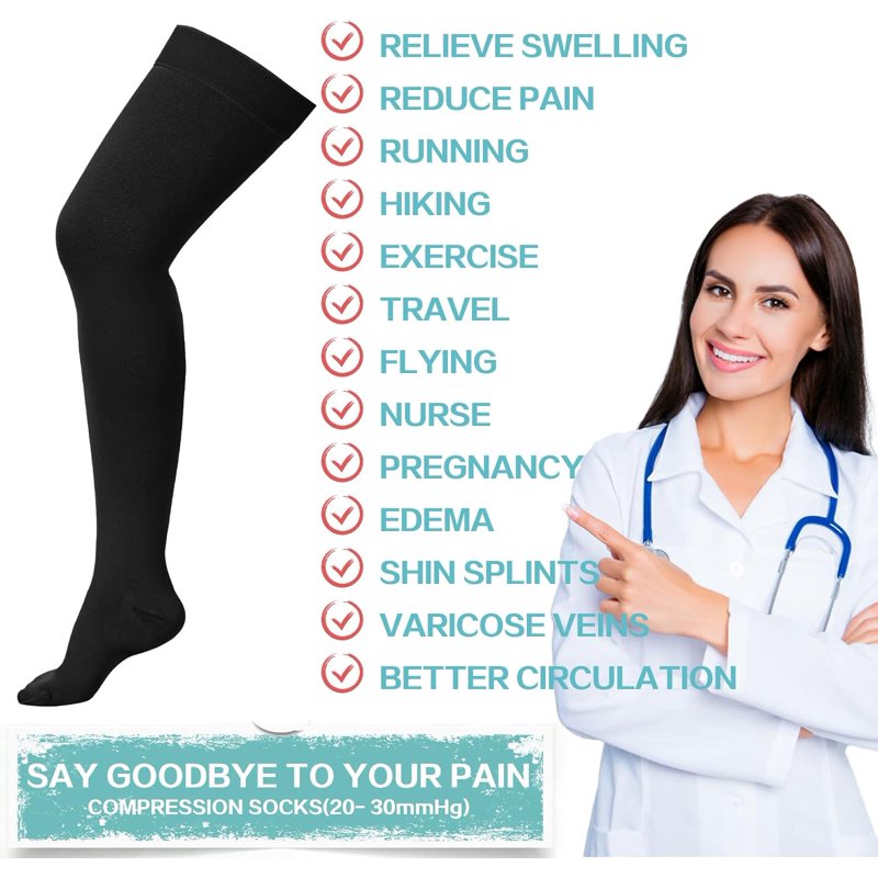 Unisex Thigh High Compression Stockings 20-32mmHg for Legs - Medical Grade Support